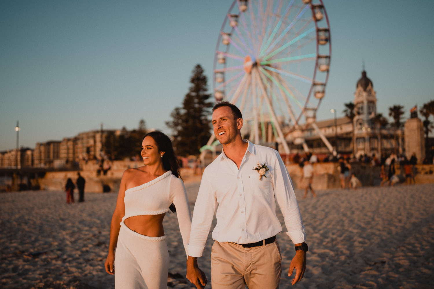 Mariafe Artacho del Solar wedding photo with husband Jack Curtin at Glenelg Beach in Adelaide