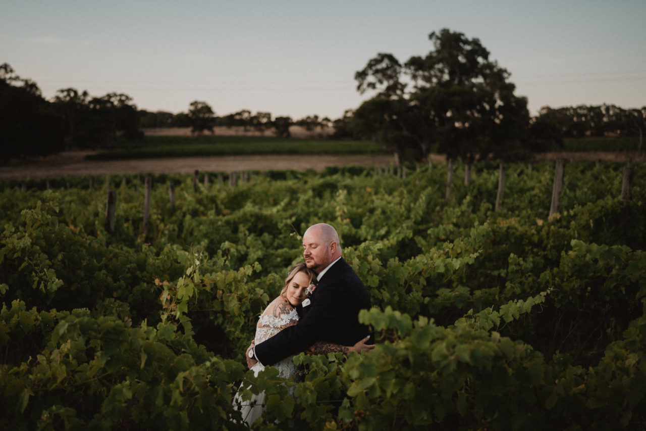 Howard Vineyard wedding bride and groom in vines
