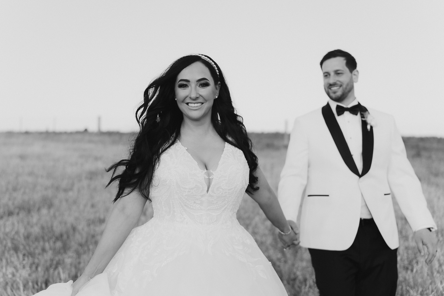 Black and white photos of bride and groom during sunset at Kingsford the Barossa wedding.