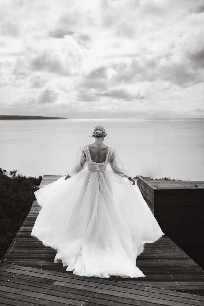 Black and white bridal portrait of a bride on Kangaroo Island.