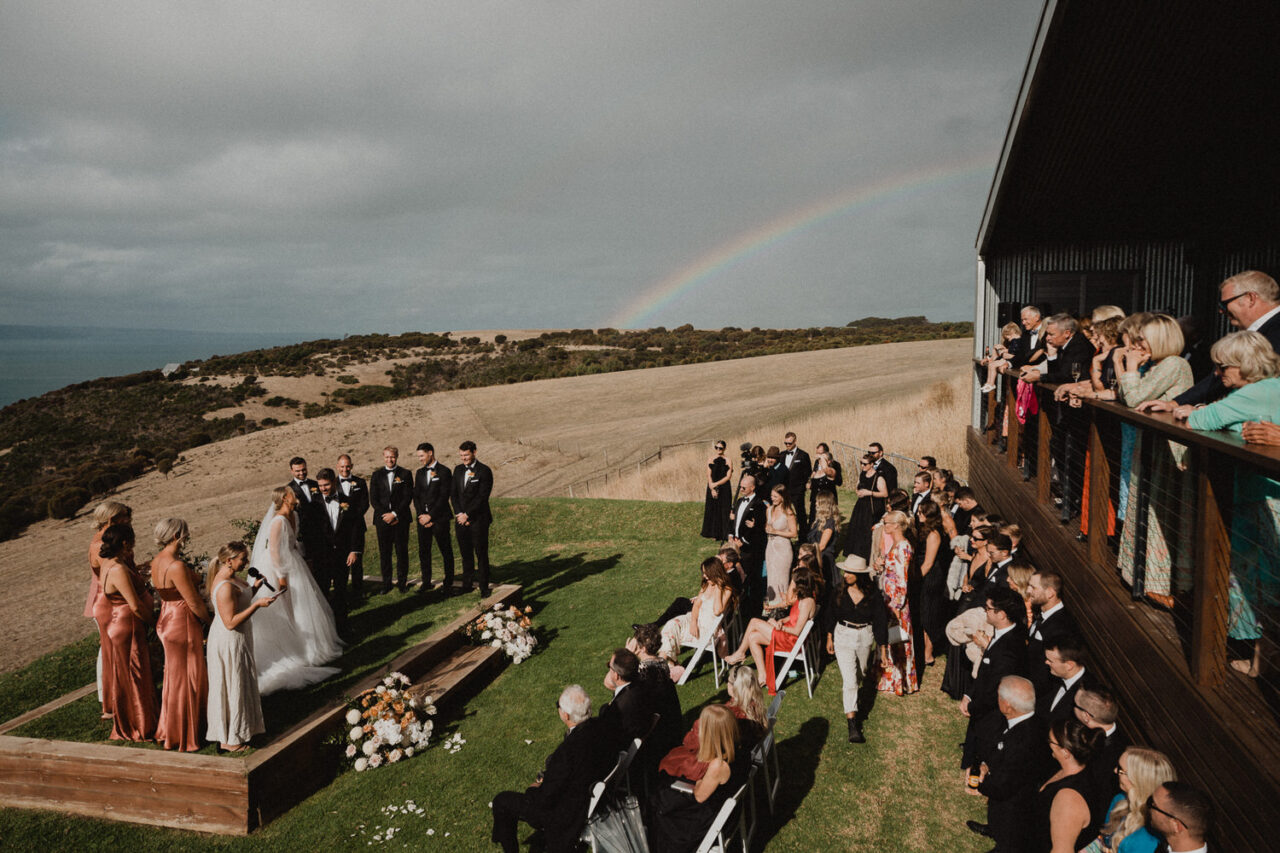 Rainbow at wedding ceremony at Dudley Wines, Kangaroo Island.