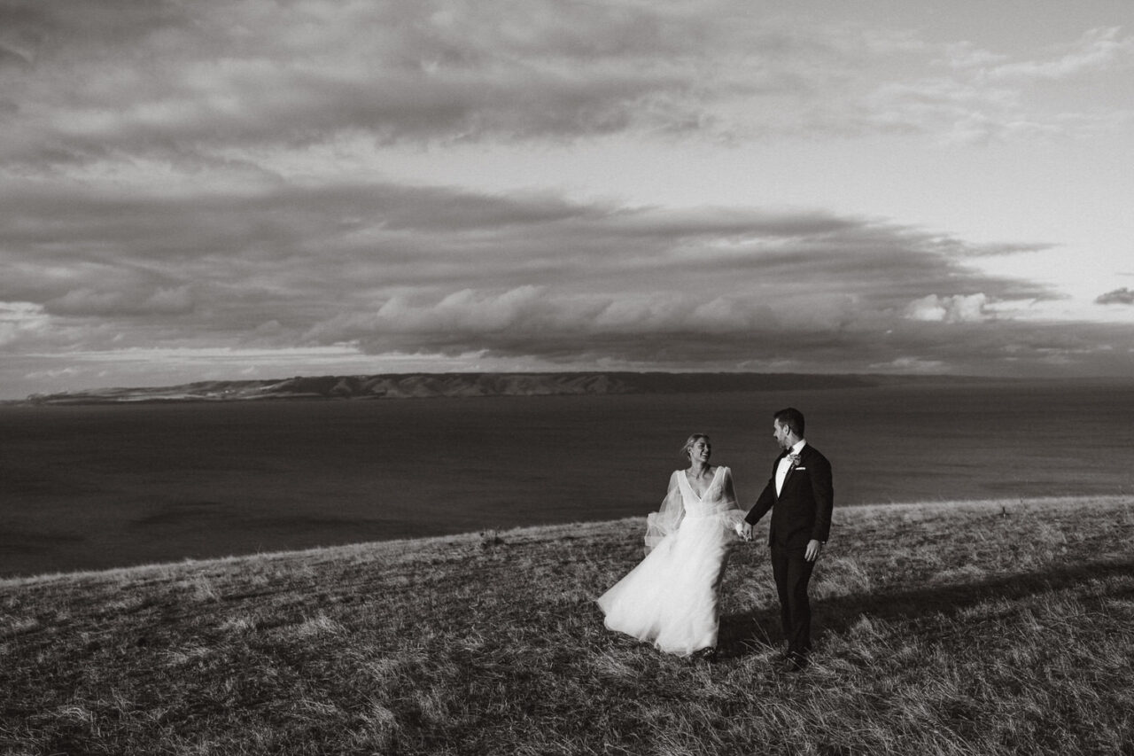 Bride and groom on the headland near Dudley Wines on kangaroo island.