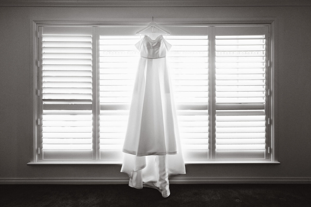 Bride's dress hanging in her Adelaide home.